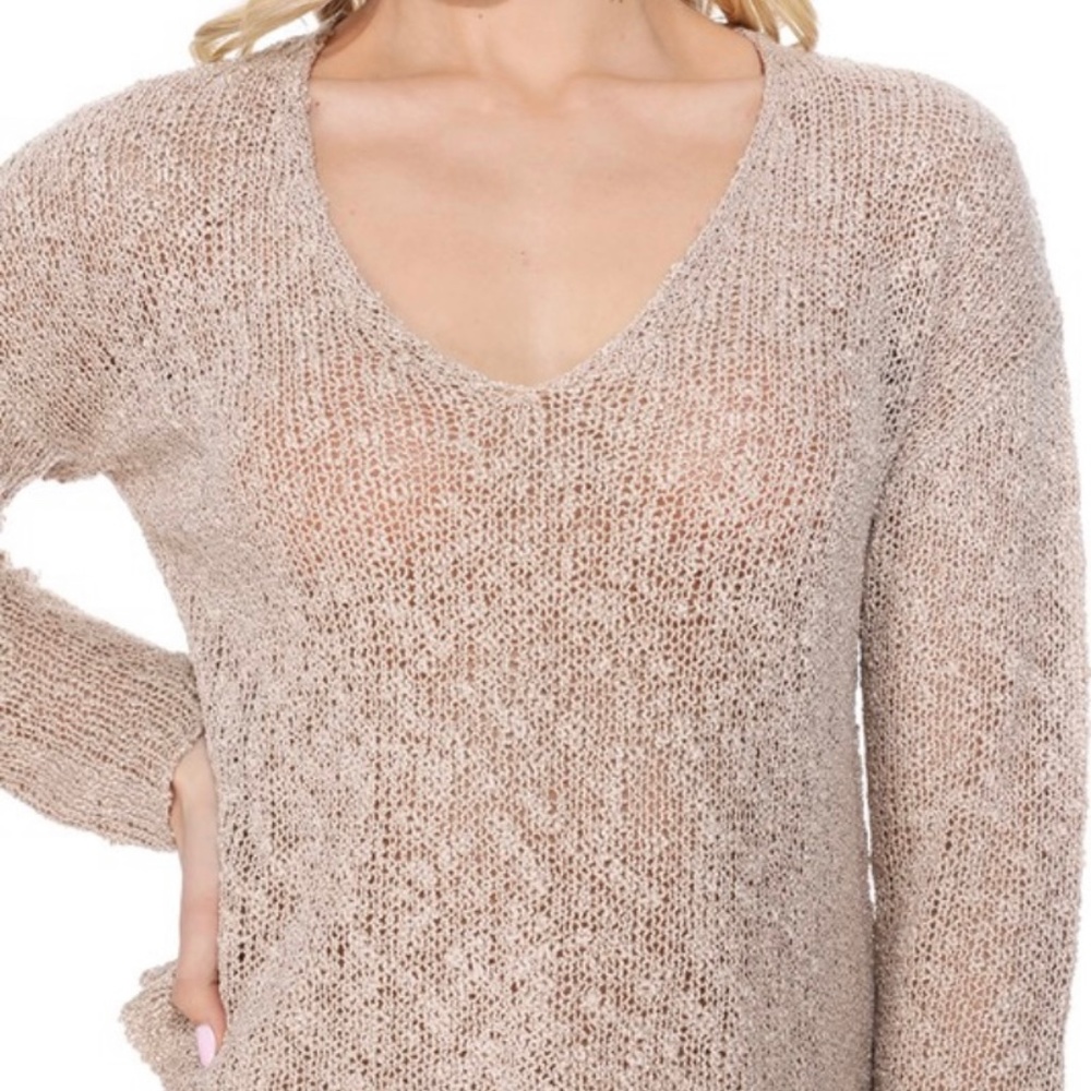 Crop Top V Neck slub Knit Taupe NWT